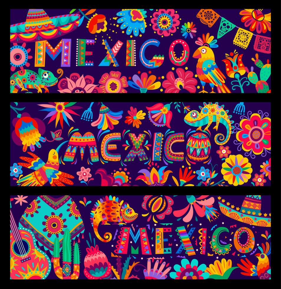 dessin animé mexicain vacances, la musique et culture bannières vecteur