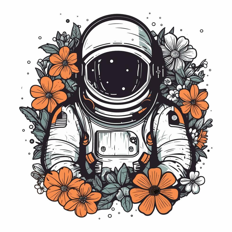 astronaute avec fleur logo. une audacieux et unique conception parfait pour votre sur le thème de l'espace marque vecteur