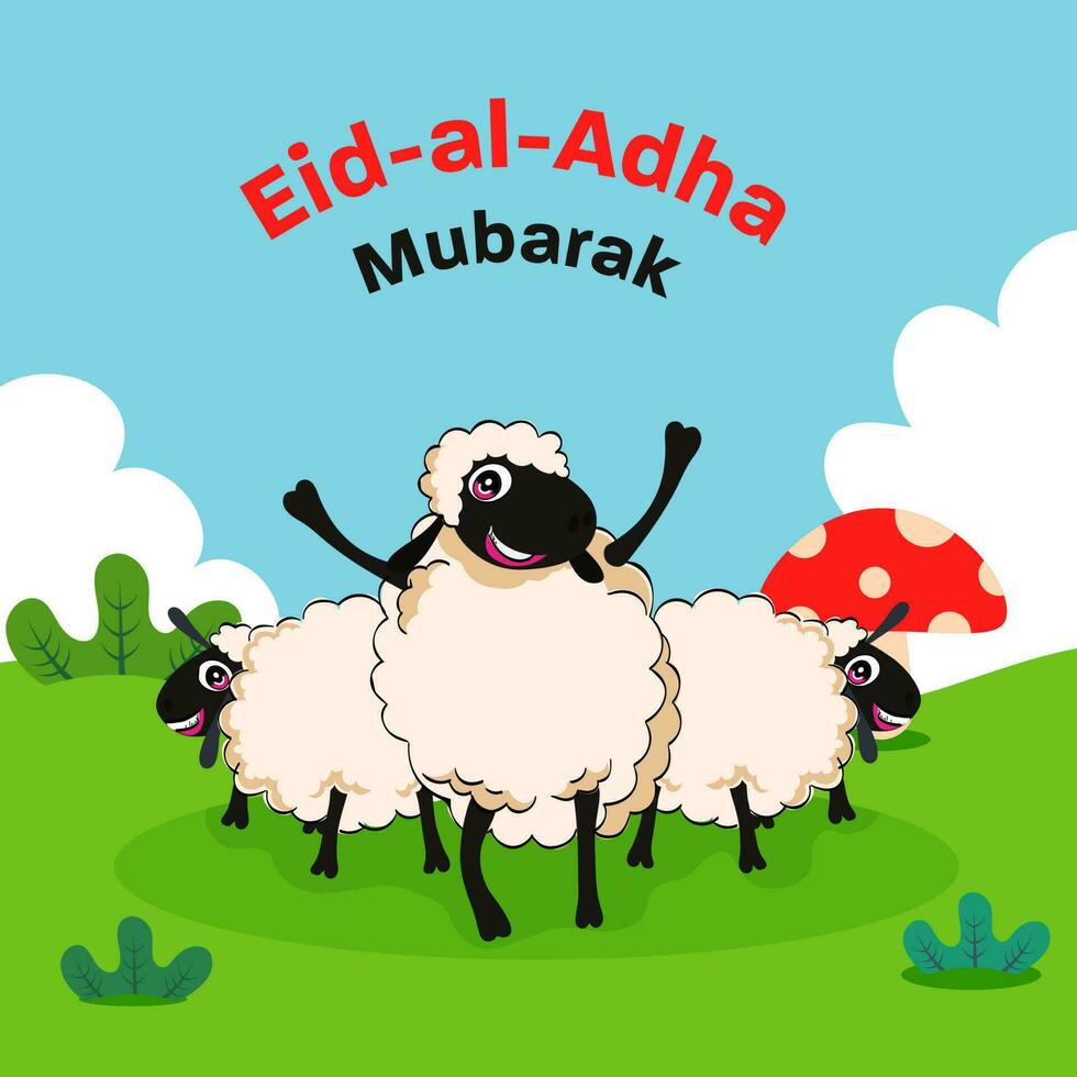 eid Al adha mubarak affiche conception avec marrant Trois mouton, champignon sur vert et bleu Contexte. vecteur