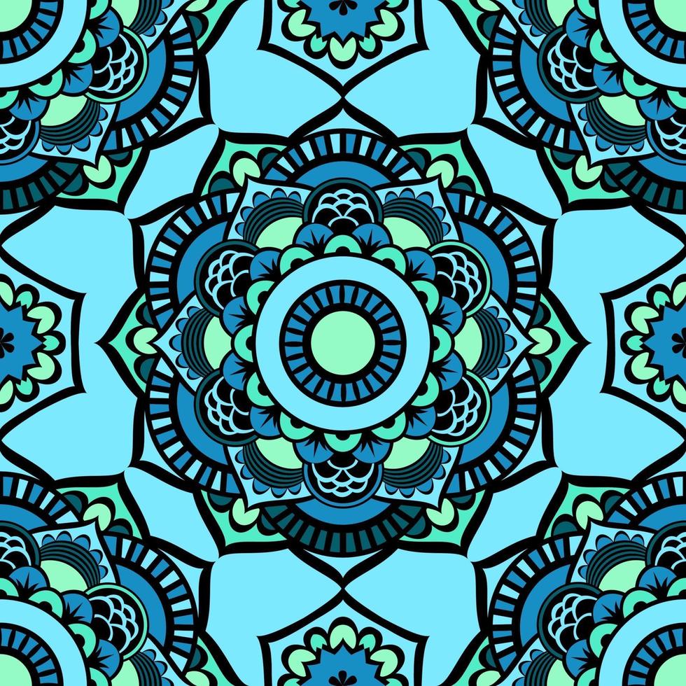 motif de glaçage coloré sans soudure de mandalas. motif oriental de vecteur sur un des tons bleus vifs. motif floral de fée des éléments circulaires.