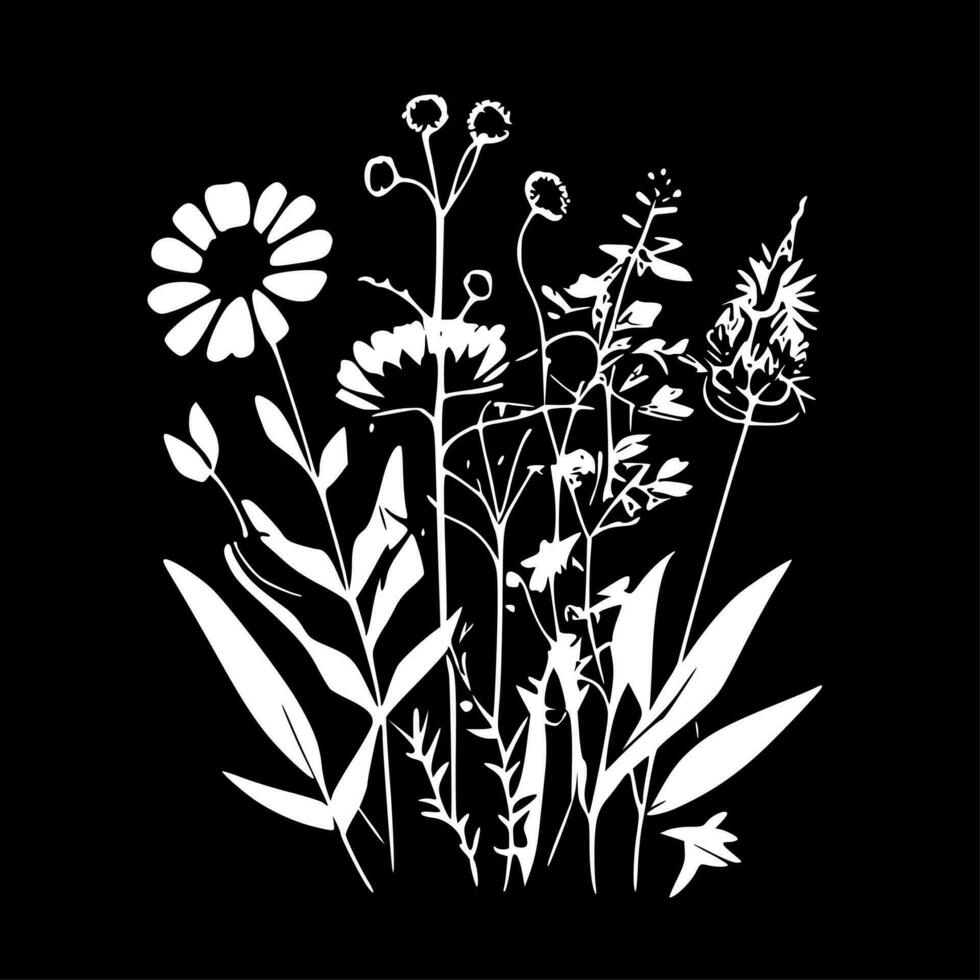 fleurs sauvages - noir et blanc isolé icône - vecteur illustration