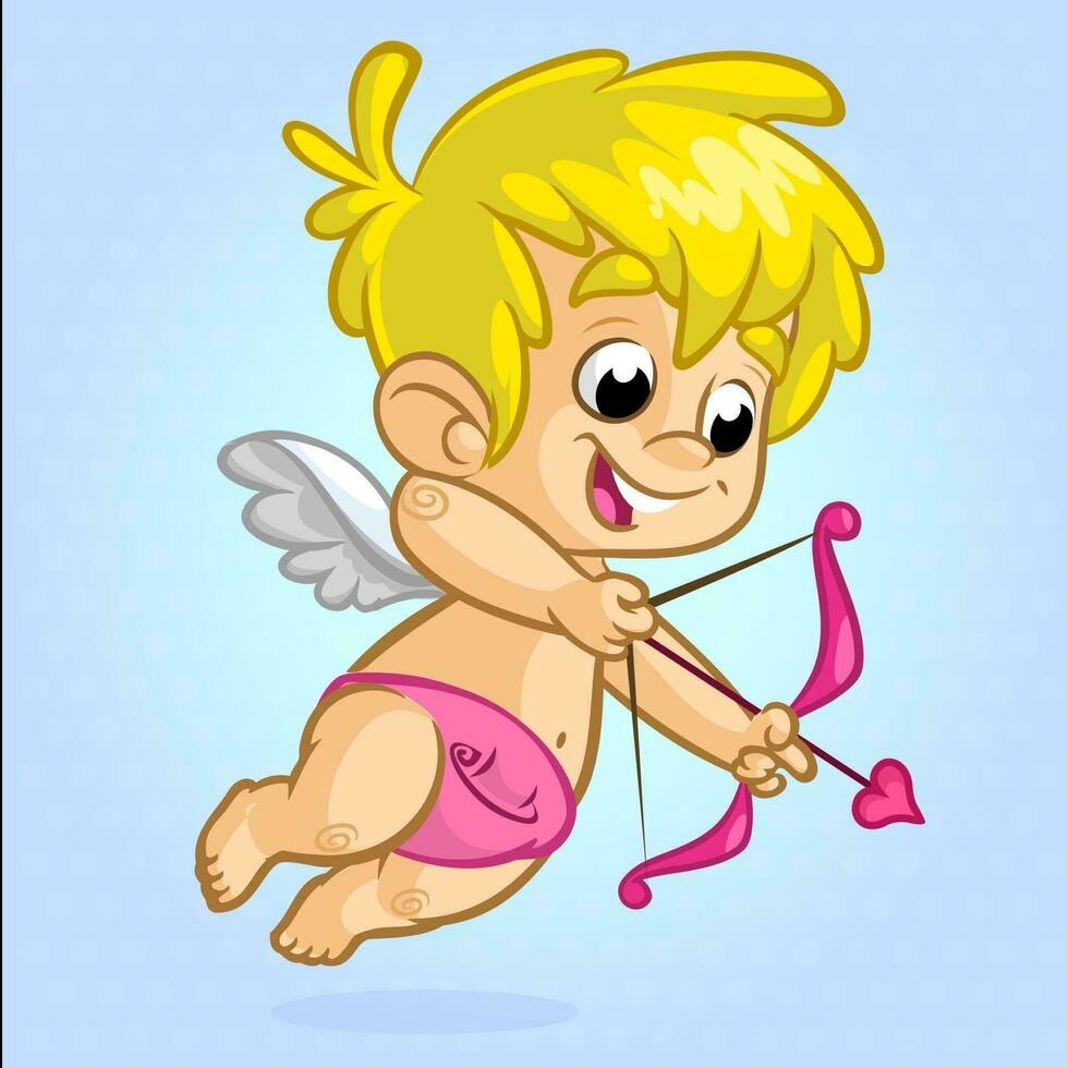 marrant Cupidon avec arc et La Flèche visée à quelqu'un. illustration de une la Saint-Valentin journée. vecteur. isolé sur bleu Contexte vecteur