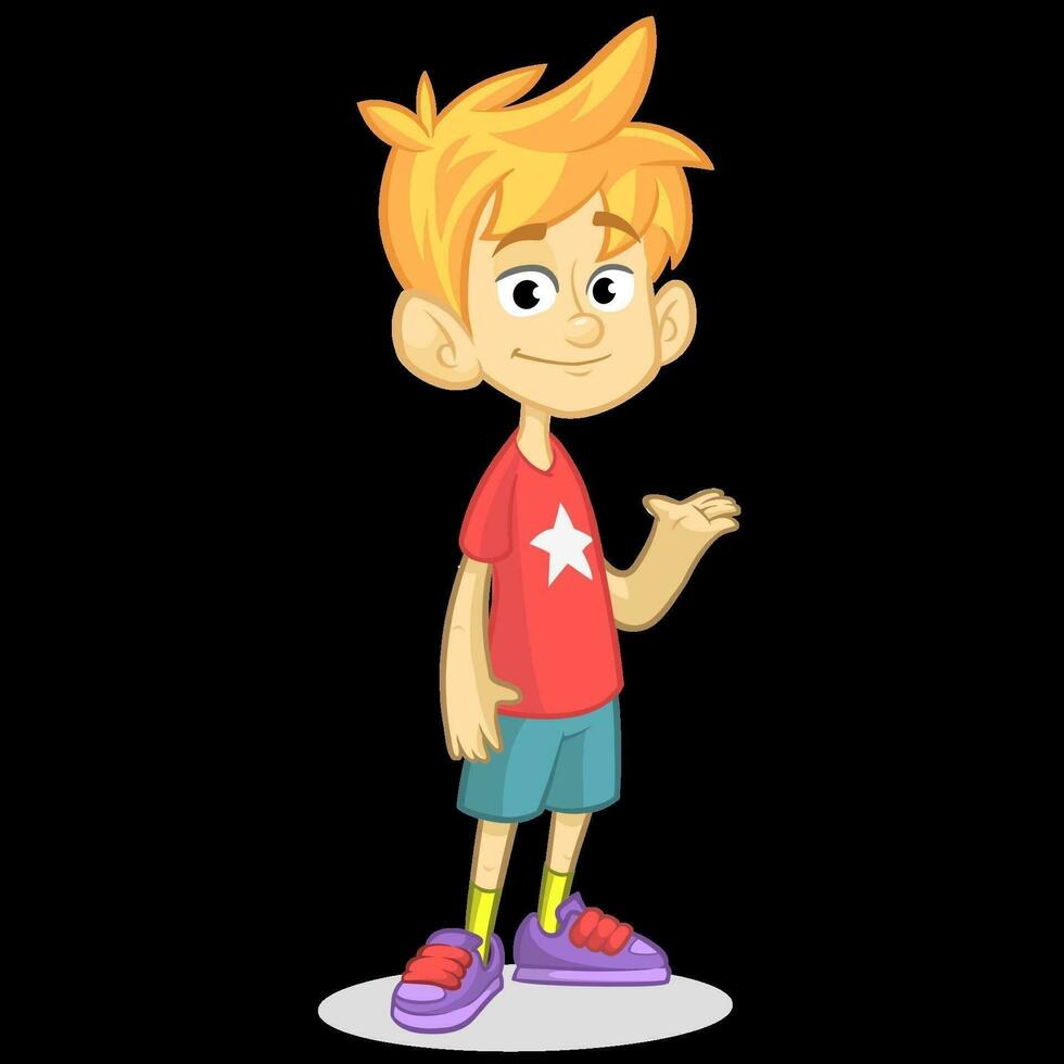 mignonne blond garçon agitant et souriant. vecteur dessin animé illustration de une adolescent dans rouge T-shirt en présentant