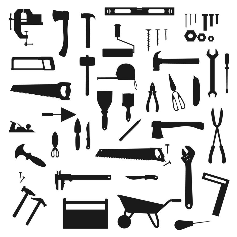 travail outils, construction instruments silhouettes vecteur