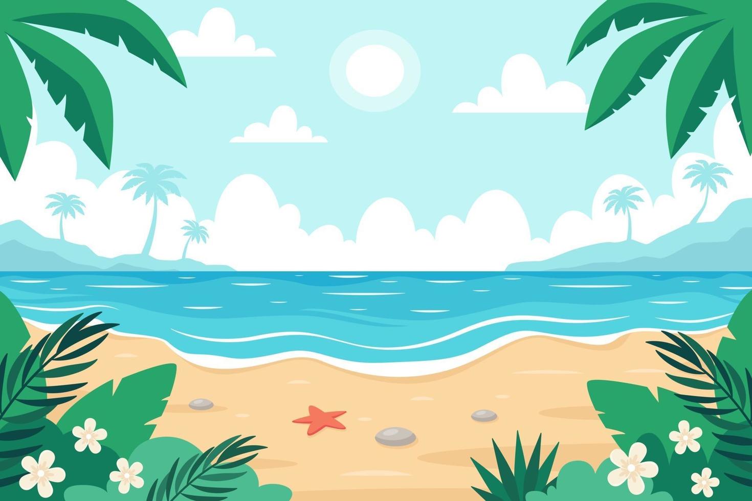 paysage de plage. bord de mer avec étoiles de mer, palmiers et plantes tropicales. illustration vectorielle vecteur