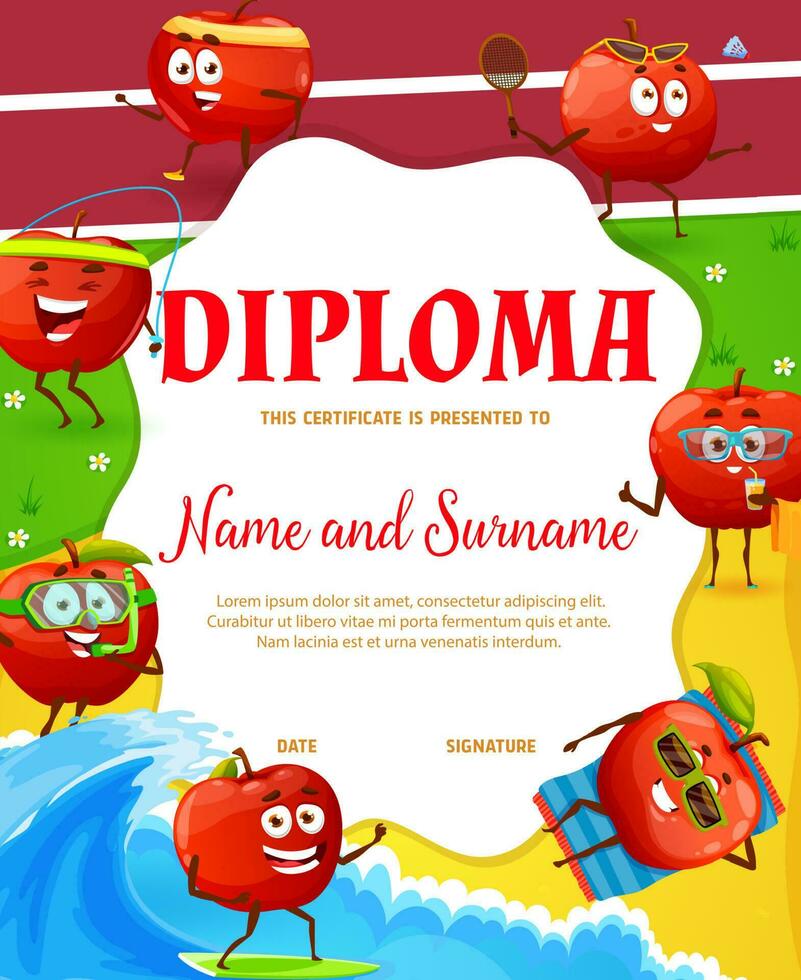 dessin animé marrant Pomme fruit personnages des gamins diplôme vecteur