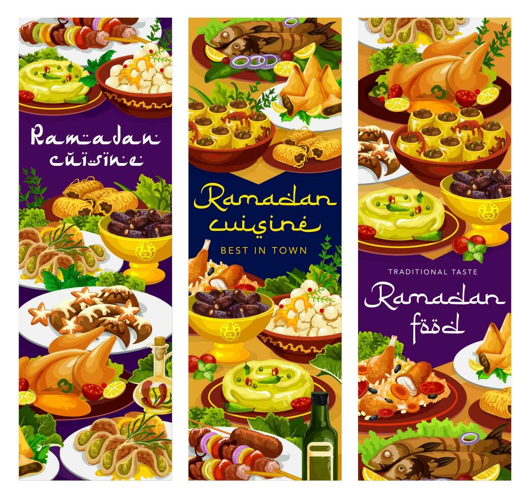 Ramadan nourriture iftar Islam cuisine menu repas bannières vecteur