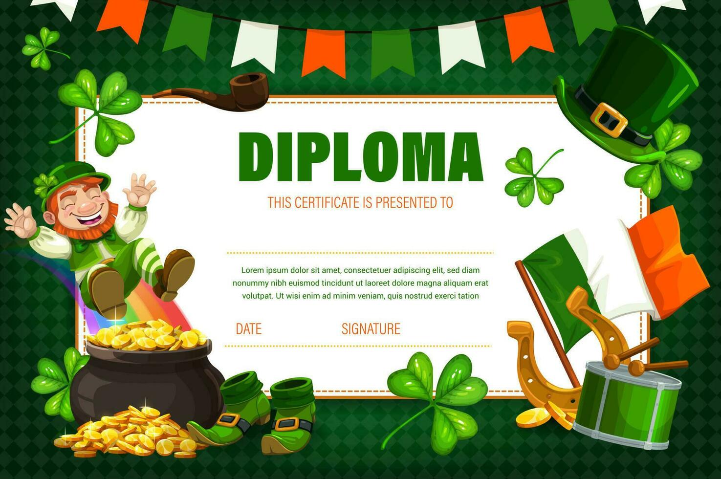 des gamins certificat, diplôme avec irlandais lutin vecteur