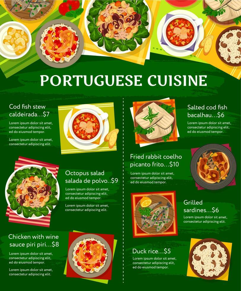 Portugais nourriture restaurant repas vaisselle menu page vecteur