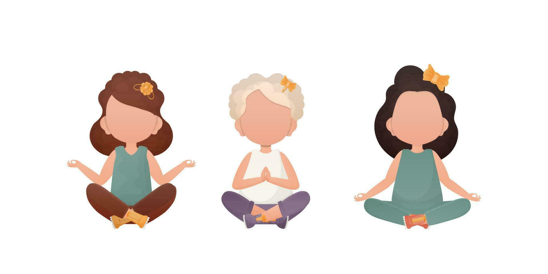 peu les filles est assis dans le lotus position. enfants méditation. dessin animé style. ensemble isolé sur une blanc Contexte. vecteur