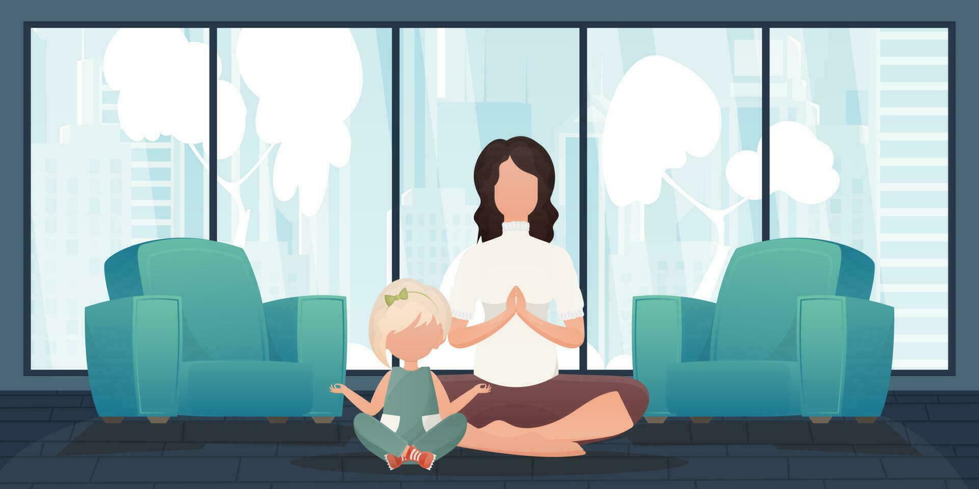 maman et fille faire yoga ensemble. dessin animé style. vecteur. vecteur