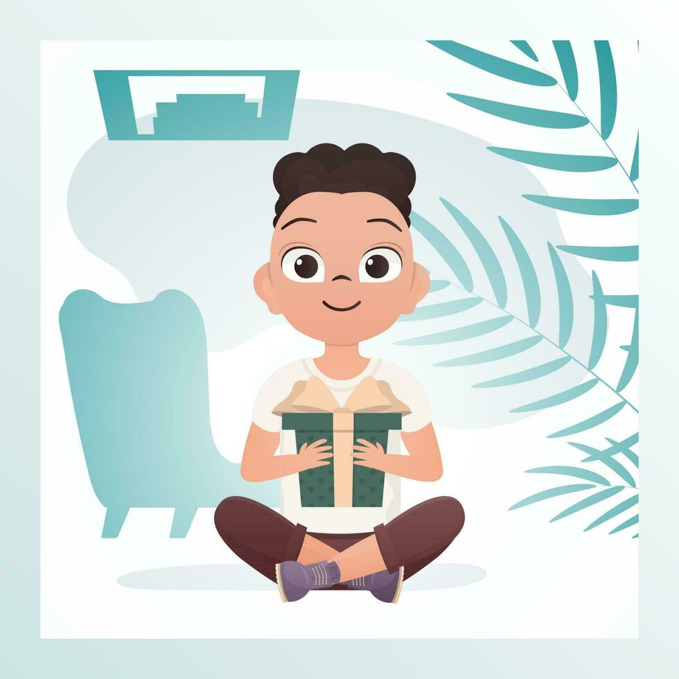 souriant enfant garçon est assis dans une lotus position et détient une boîte avec une arc dans le sien mains. anniversaire, Nouveau année ou vacances thème. dessin animé style. vecteur illustration.