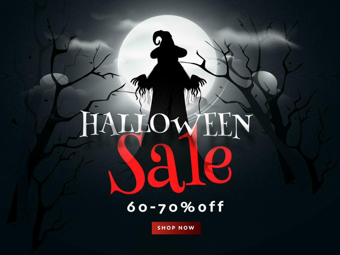 Halloween vente bannière ou affiche conception avec remise offre et silhouette sorcière sur plein lune nuit forêt Contexte. vecteur