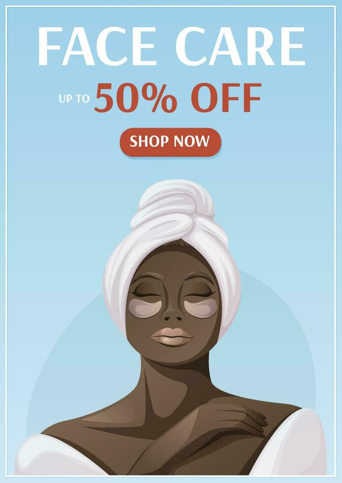 visage se soucier vente affiche. africain américain femme dans peignoir de bain et serviette, œil patchs. santé et beauté. vecteur illustration. pour publicité, site Internet, bannière. a4 format