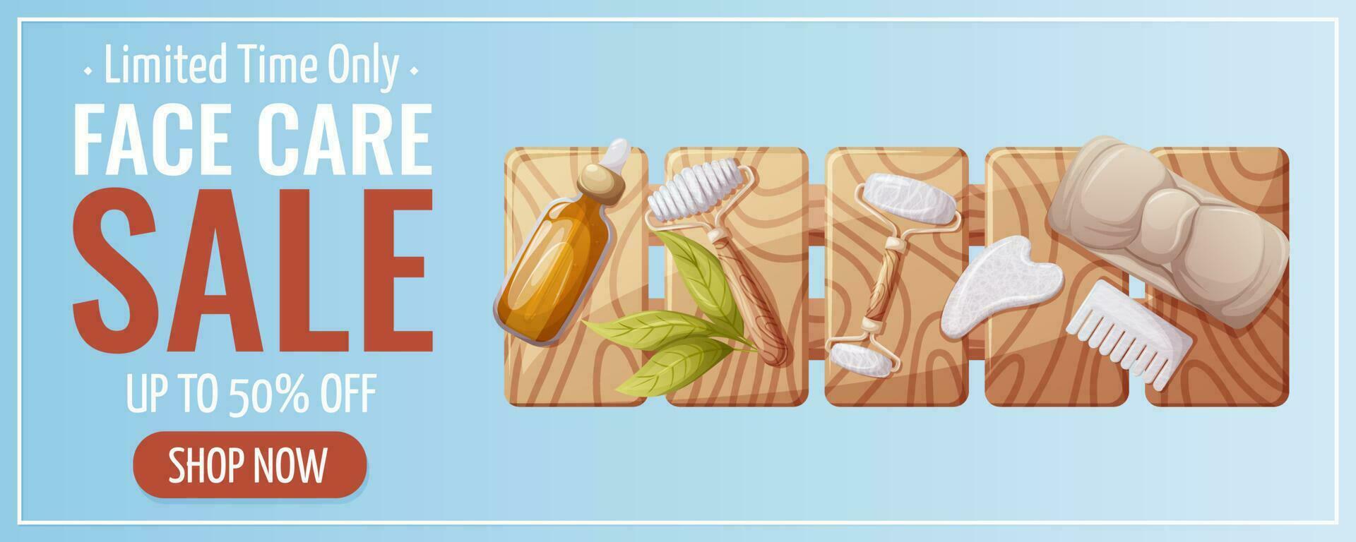 visage se soucier, vente promotion bannière. en bois supporter avec gua sha outils, Bandeau, pétrole sérum. planche pour utilisation dans le bain, spa, salon, massage. vecteur illustration. pour affiche, publicité, site Internet.