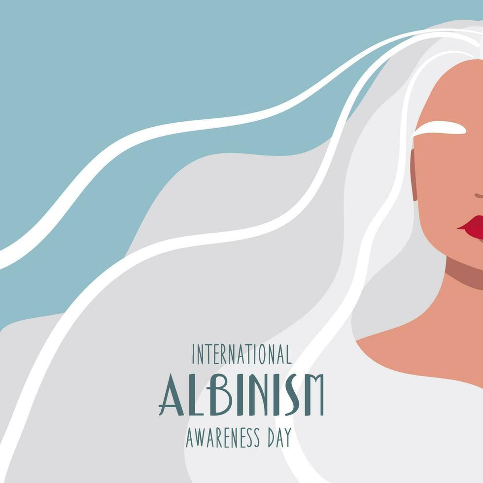 juin 13 est le international albinisme conscience journée. un albinos femme avec longue cheveux sur une bleu Contexte. appel pour solidarité avec gens Souffrance de albinisme. Humain droits stylisé vecteur graphique