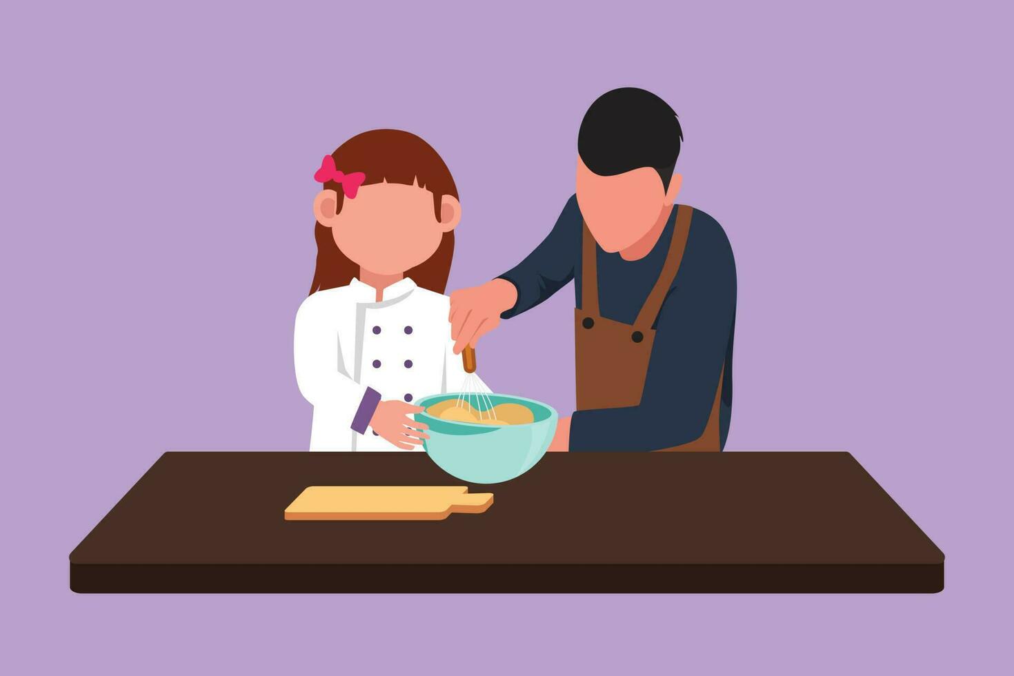 graphique plat conception dessin content père et fille pétrir gâteau pâte en utilisant Manuel main mixer. papa et le sien peu fille profiter pétrissage gâteau pâte ensemble à maison. dessin animé style vecteur illustration