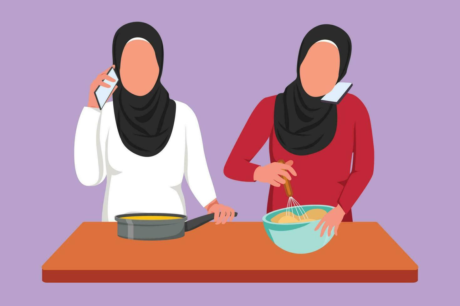 personnage plat dessin deux arabe femme pourparlers sur téléphone intelligent tandis que en train de préparer dîner dans confortable cuisine et pétrir gâteau pâte en utilisant Manuel main mixer. copains préparer aliments. dessin animé conception vecteur illustration