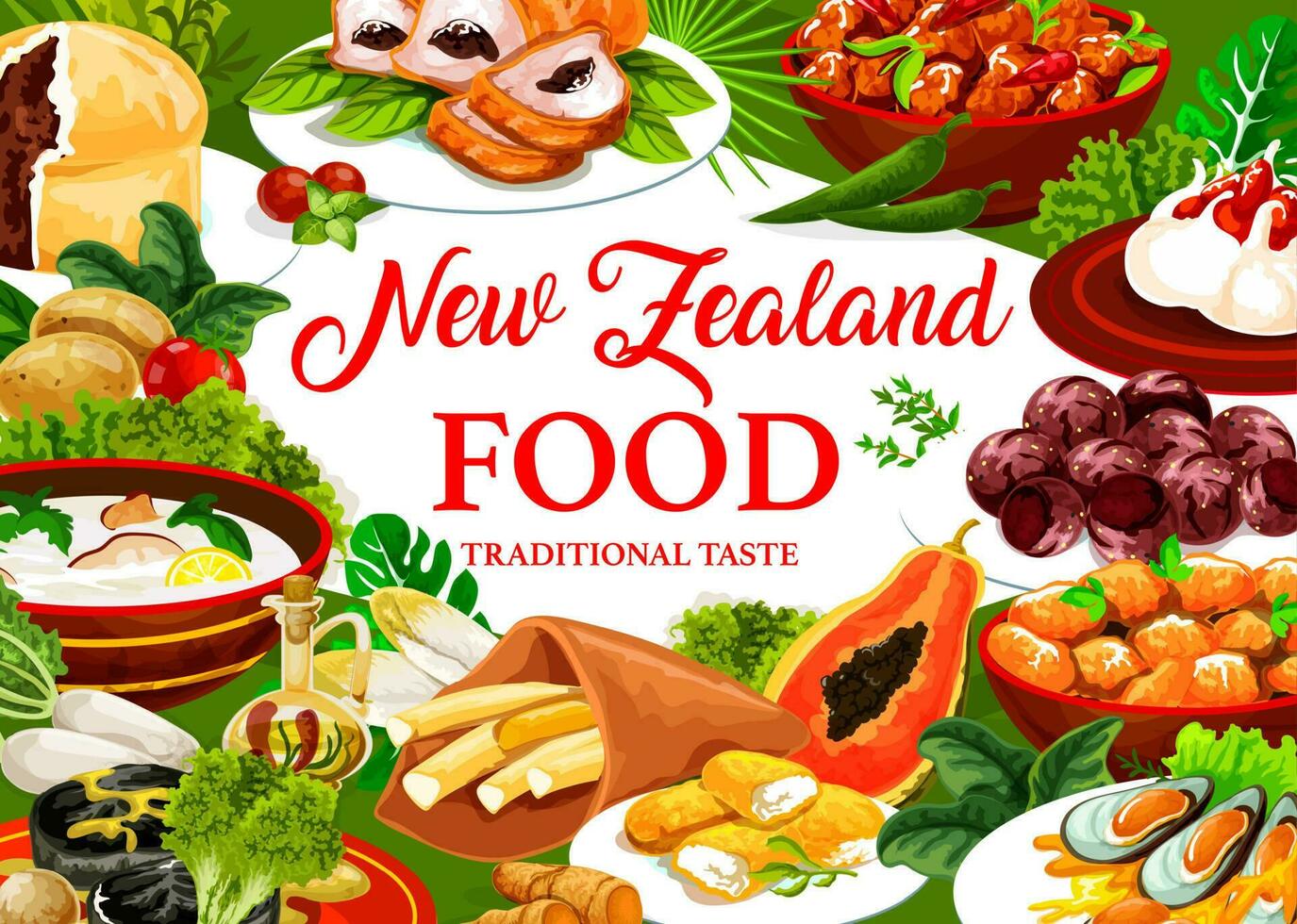 Nouveau zélande cuisine, vecteur plats, nz nourriture repas
