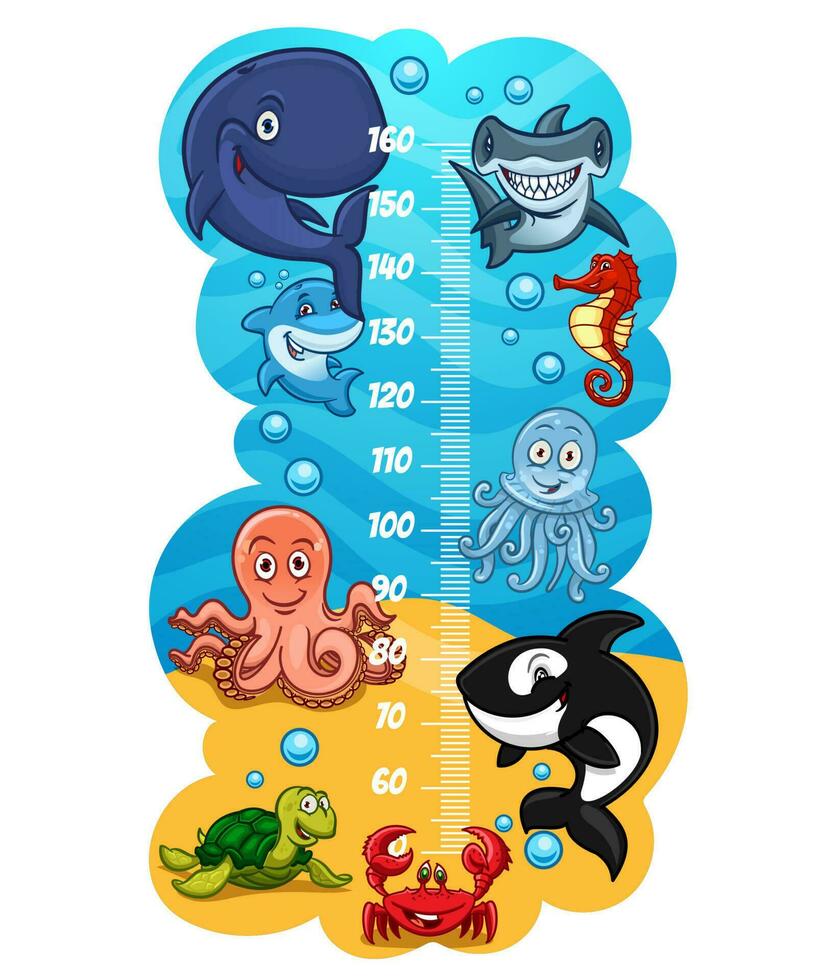 des gamins la taille graphique avec mer animaux, croissance mètre vecteur