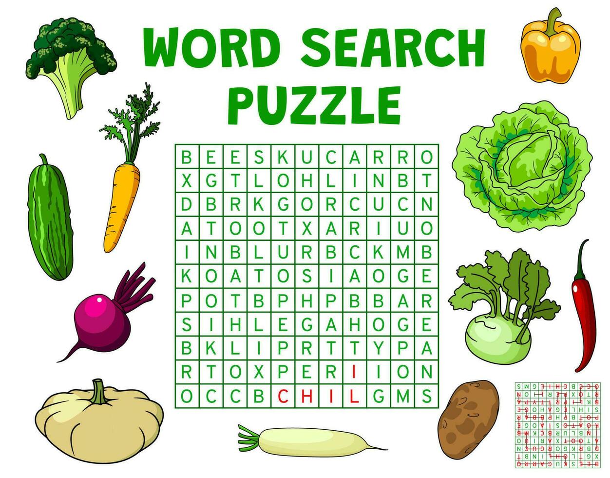 mot chercher puzzle Jeu feuille de travail avec des légumes vecteur