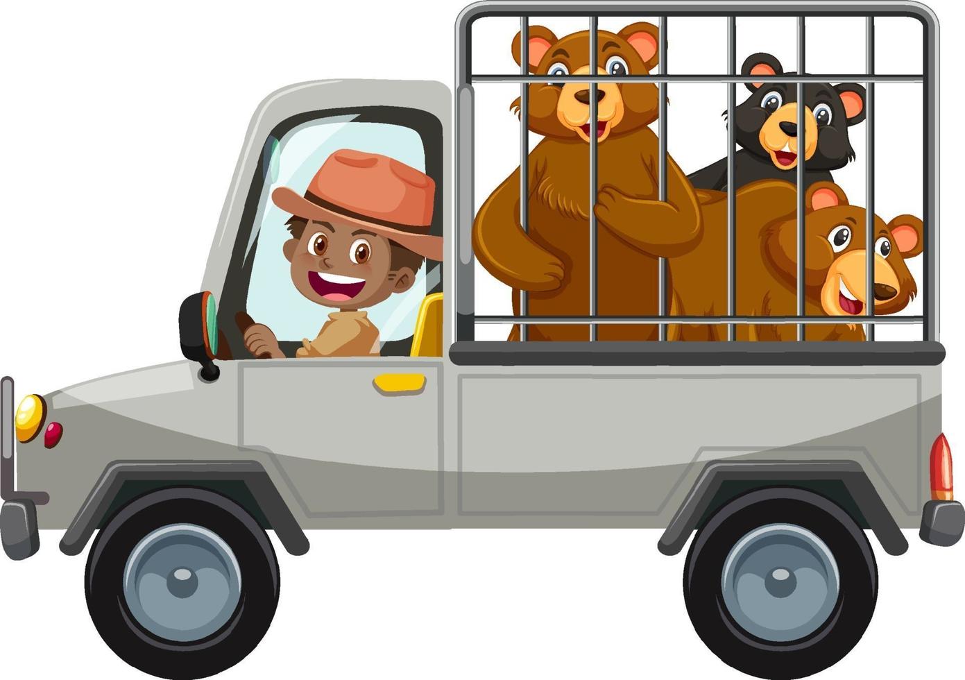 Concept de zoo avec groupe d'ours dans la voiture cage isolé sur fond blanc vecteur