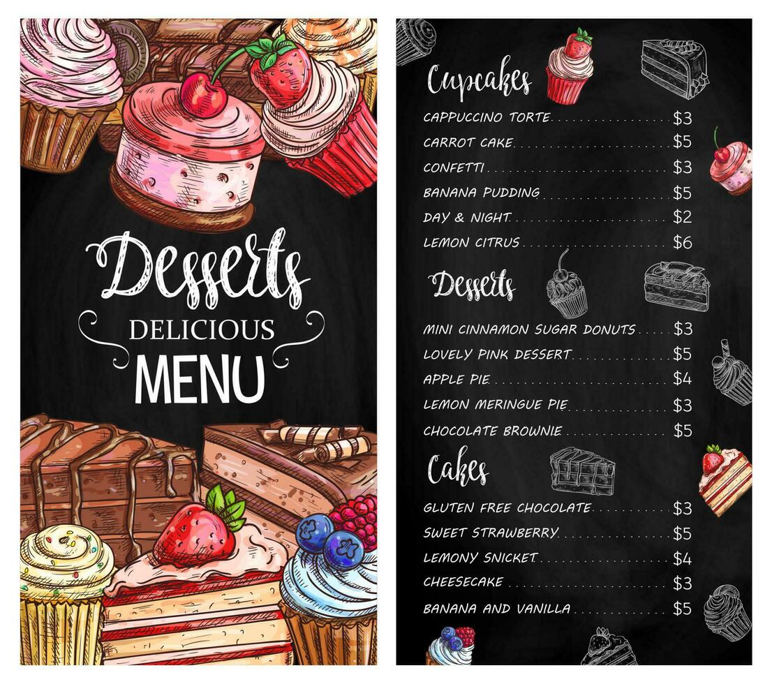 desserts et Gâteaux menu tableau noir esquisser vecteur