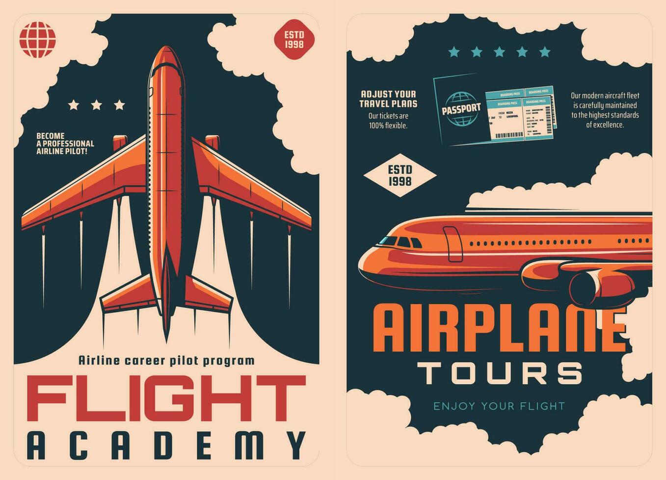 vol académie et avion Voyage ancien affiches vecteur