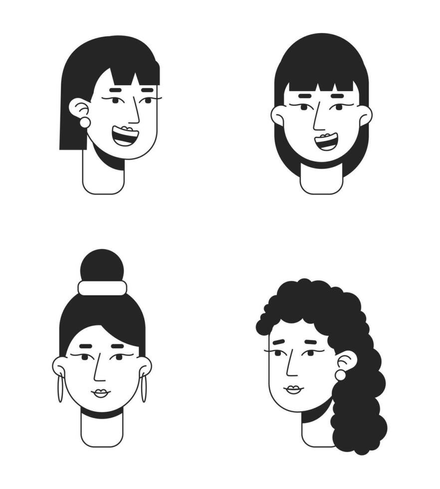 heureux heureux femmes monochrome plat linéaire personnage têtes ensemble. les filles diversité. modifiable contour gens Icônes. ligne utilisateurs visages. 2d dessin animé place vecteur avatar illustration pack pour animation