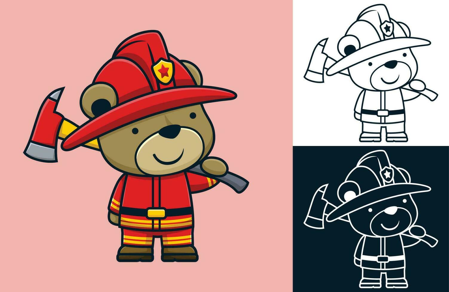 marrant ours dans pompier uniforme en portant pompier hache. vecteur dessin animé illustration dans plat icône style
