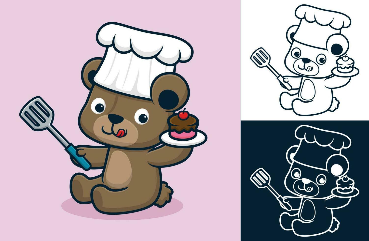 marrant ours portant chef chapeau en portant gâteau et spatule. vecteur dessin animé illustration dans plat icône style