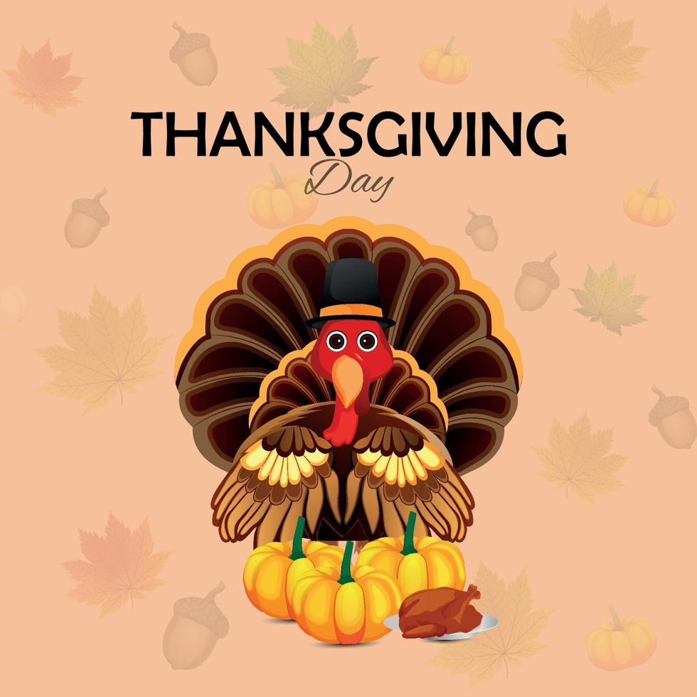 Carte de voeux de fête de Thanksgiving avec oiseau de dinde et citrouille avec feuilles d'autumin vecteur