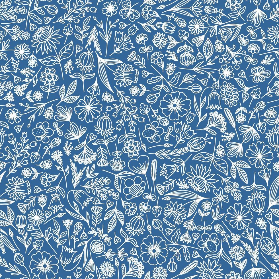 fond bleu avec des fleurs et des feuilles stylisées vecteur