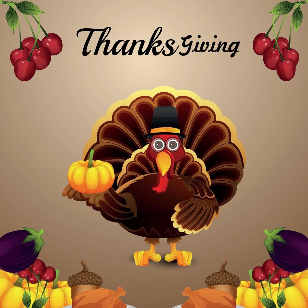 carte de voeux de célébration de Thanksgiving avec oiseau de dinde de vecteur