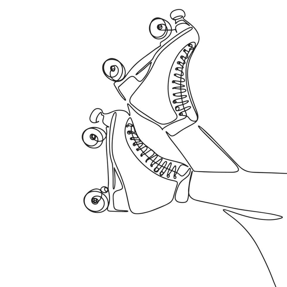 un ligne continu rouleau patins. ligne art jambes portant quatre à roues rollers isolé sur blanc Contexte. contour vecteur illustration.