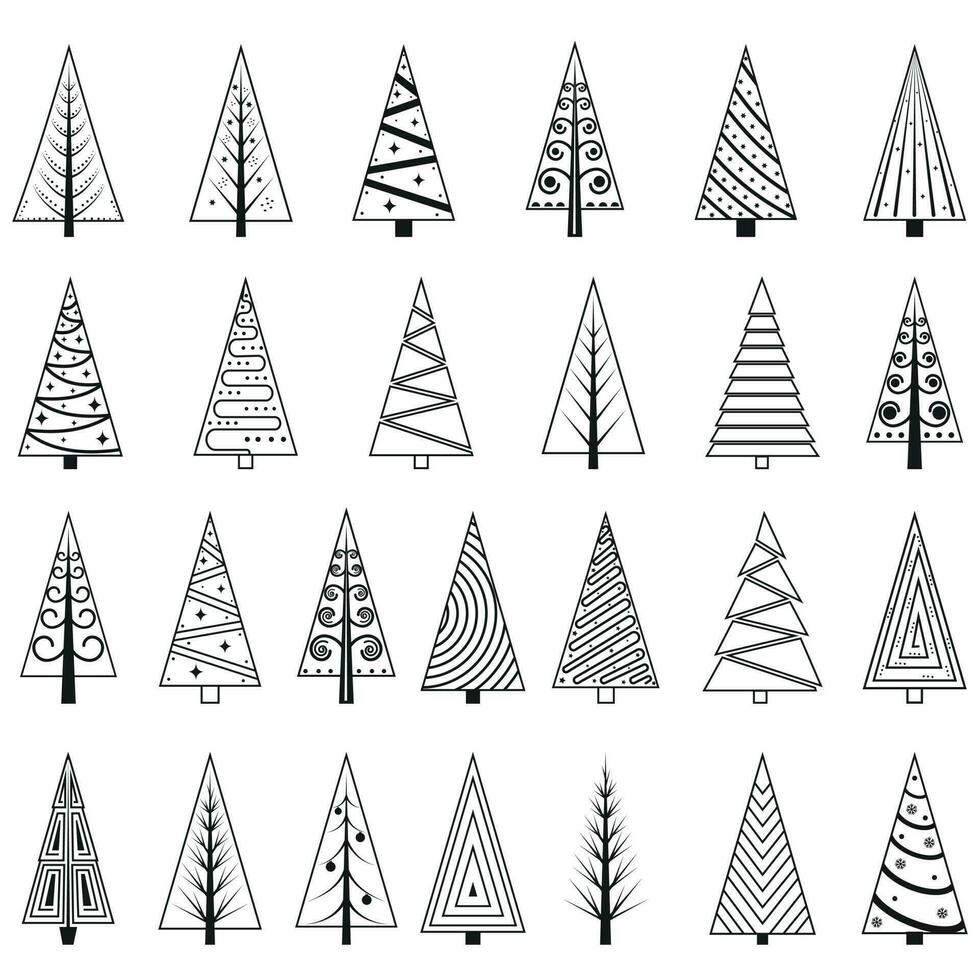un ensemble d'arbres de noël dans le style doodle, contour noir. illustration vectorielle isolée. vecteur
