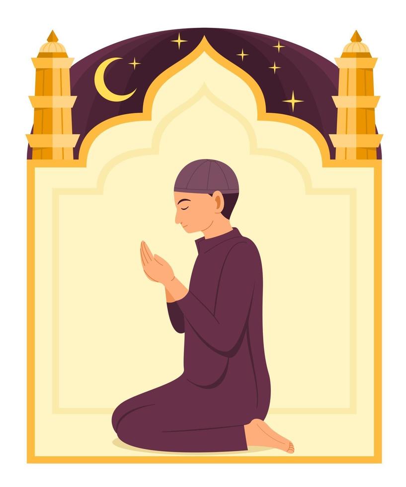 homme musulman prie Dieu et le cadre de la mosquée est le fond. vecteur