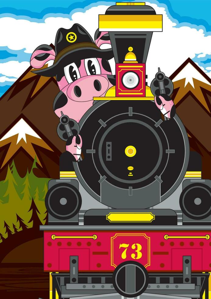 mignonne dessin animé sauvage Ouest porc Pistolero cow-boy shérif avec occidental style vapeur train vecteur