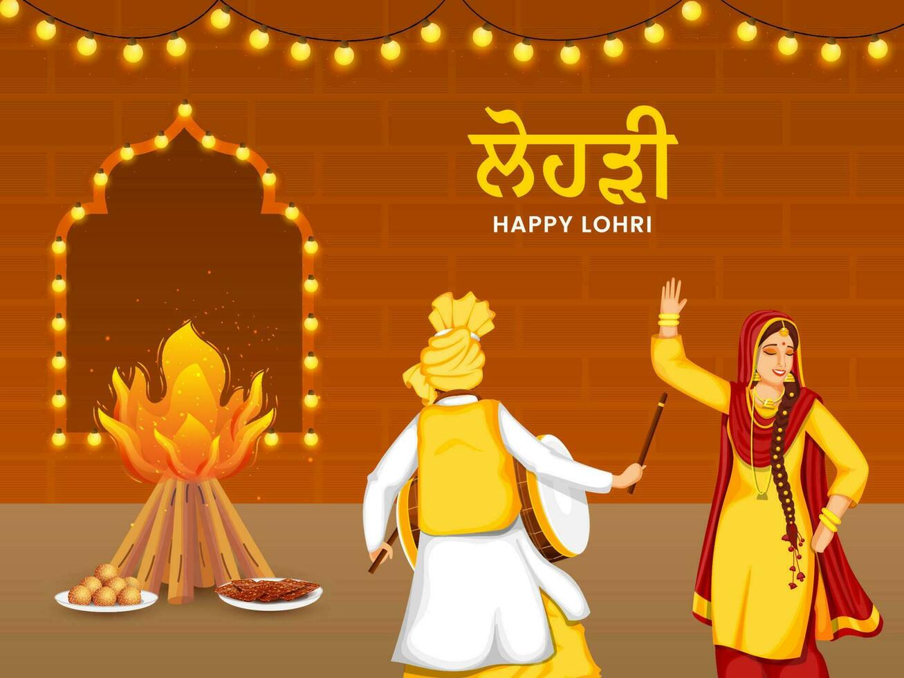 content lohri fête Contexte avec feu, sucré assiettes, punjabi femme Faire bhangra et homme en jouant dhol. vecteur