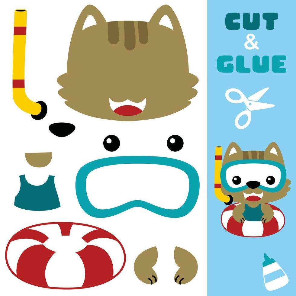 mignonne chat en utilisant plongée des lunettes de protection avec bouée de sauvetage. éducation papier Jeu pour les enfants. coupé et collage. vecteur dessin animé illustration