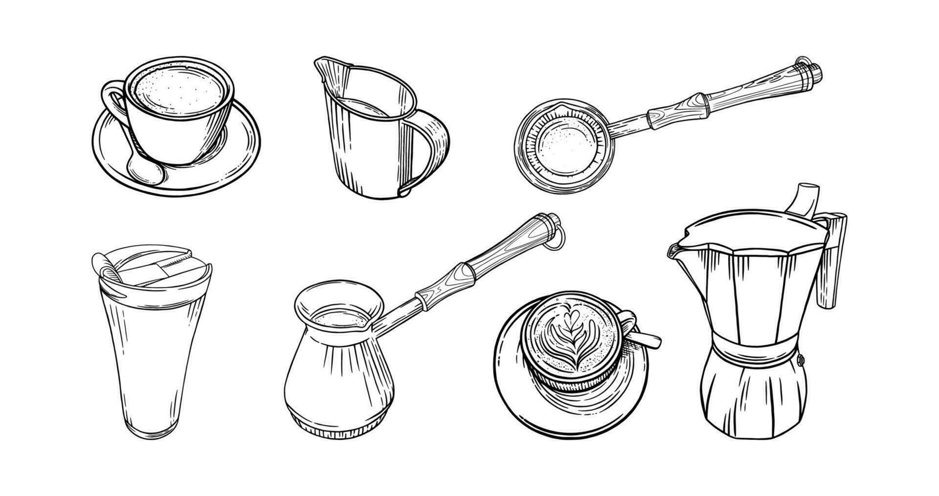 café ensemble avec tasses, des pots et crémier. gros ensemble de café accessoires pour cappuccino brassage. vecteur illustration