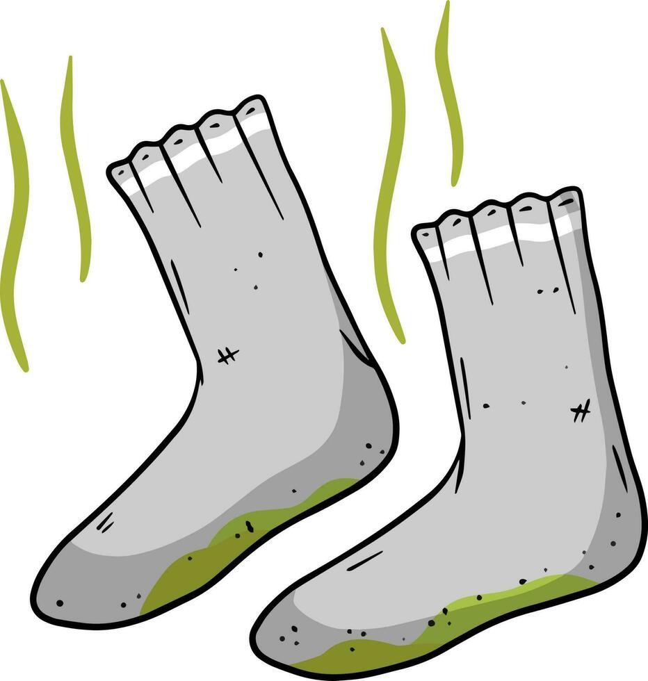 sale chaussette. le mal puanteur. négligé vêtements. puant doigt de pied. gris objet pour la lessive. dessin animé plat illustration. vert vague. malodorant pieds vecteur