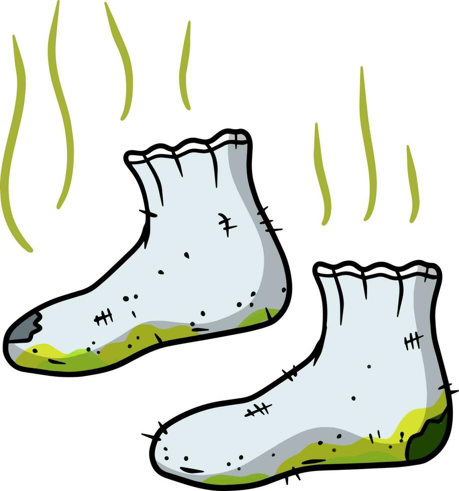 sale chaussette. le mal puanteur. négligé vêtements. puant doigt de pied. gris objet pour la lessive. dessin animé plat illustration. vert vague. malodorant pieds vecteur