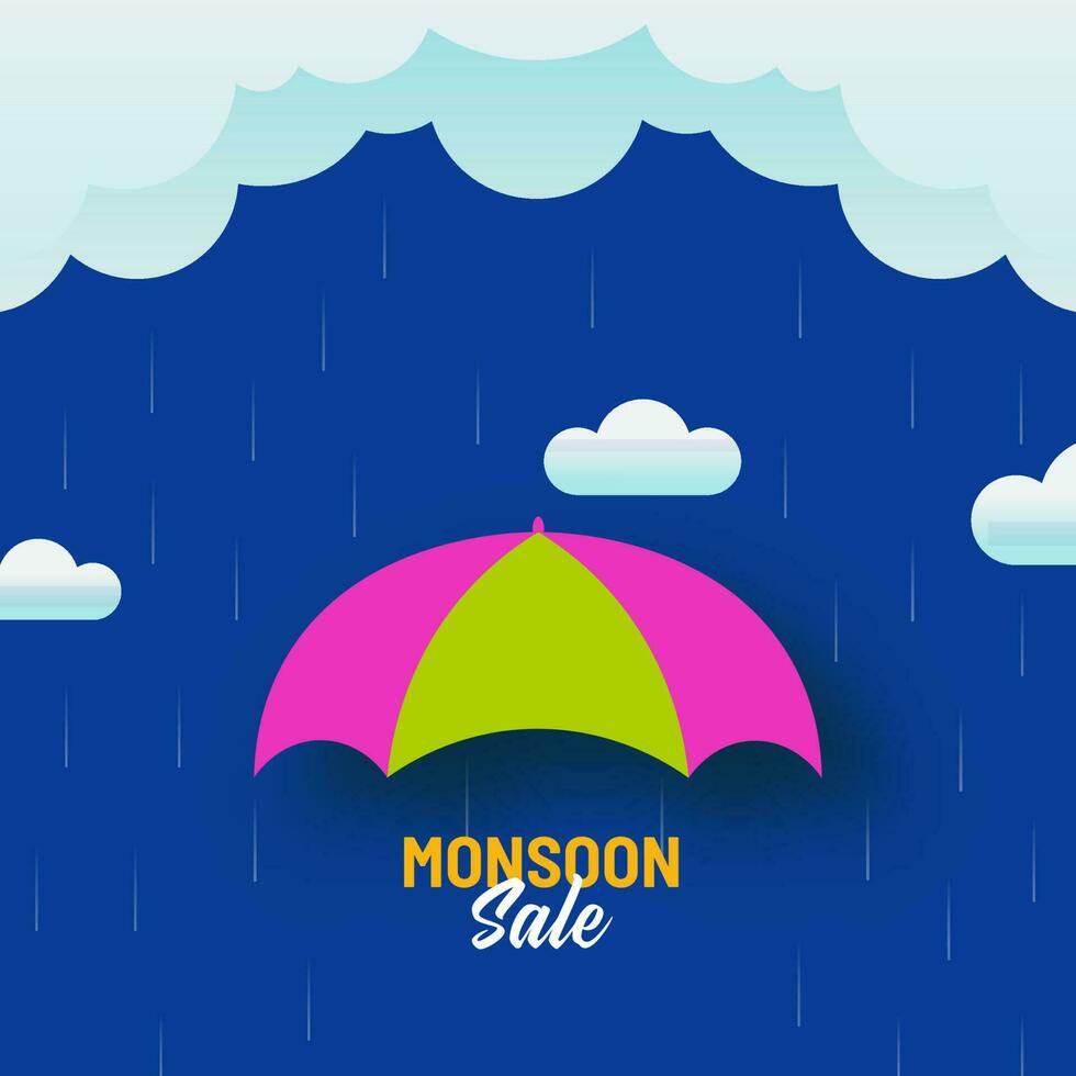 mousson vente affiche conception avec parapluie et nuage la pluie tombe sur bleu Contexte. vecteur