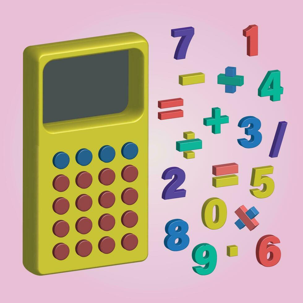 3d calculatrice vecteur graphique avec ensemble de Nombres et mathématiques opérations égal moins diviser plus multiplier coloré pour école et étude Université et formules