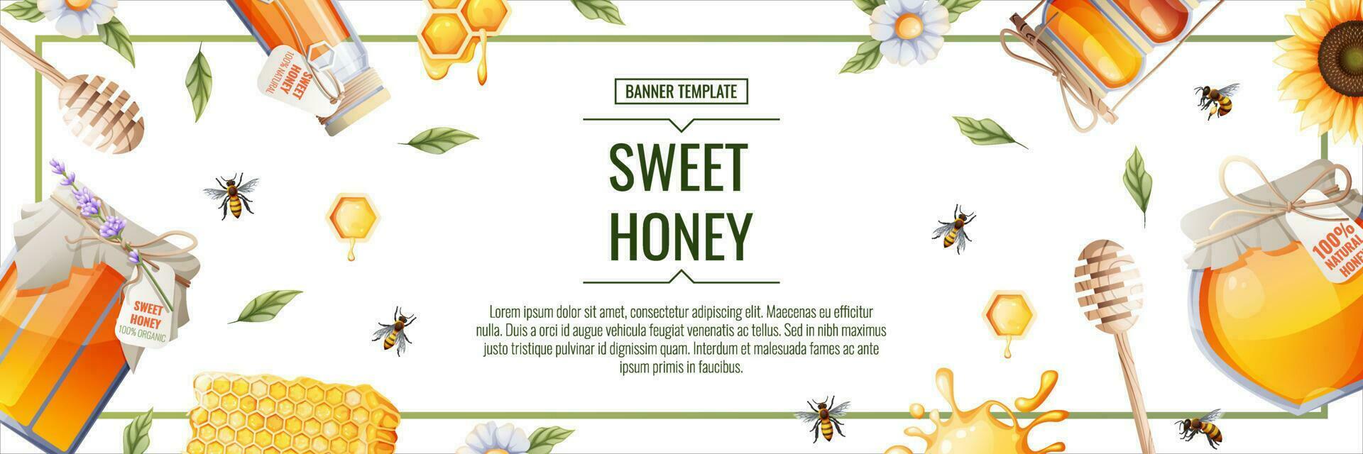 bannière conception avec pot de miel, abeilles, tournesol. mon chéri des produits, mon chéri magasin. illustration pour bannière, prospectus, affiche, menu. vecteur