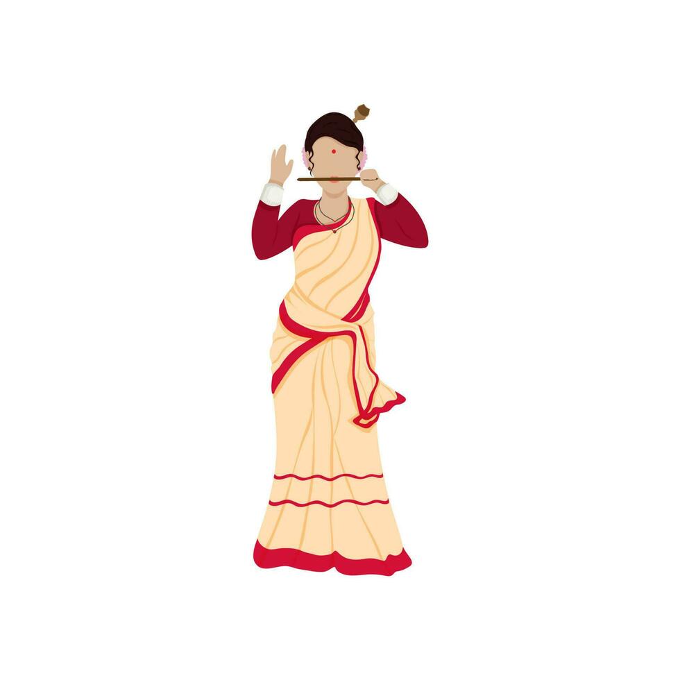 dessin animé Jeune Dame en jouant gogona instrument dans assamais traditionnel costume. vecteur
