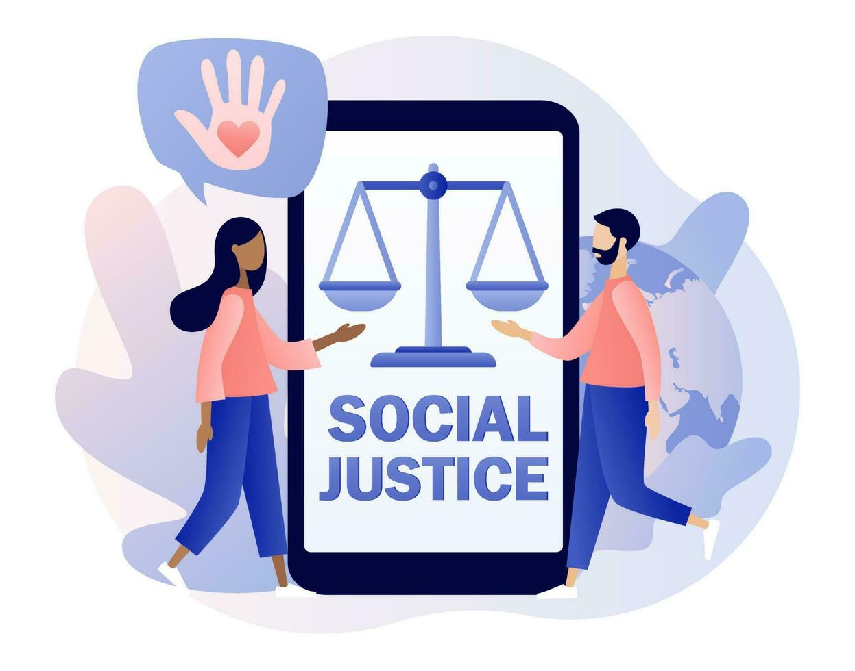 social Justice - texte sur téléphone intelligent filtrer. Humain droits concept. Balance comme symbole de égalité, liberté et l'amour. minuscule gens pour tolérance et respect.moderne plat dessin animé style. vecteur illustration