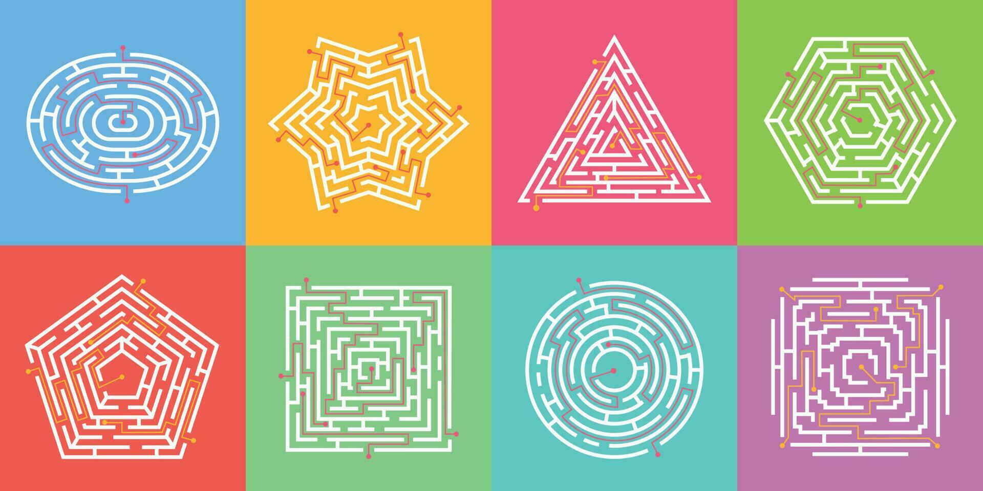 labyrinthe jeu, découverte façon puzzle labyrinthes, rond Labyrinthe. Facile labyrinthes dans divers formes, logique trouver chemin Jeux pour les enfants vecteur ensemble