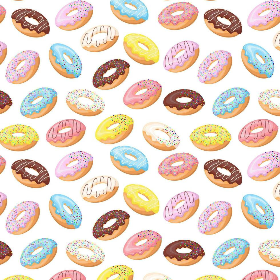 coloré vitré Donut sans couture modèle. sucré anniversaire Pâtisserie. confiserie dessert. pour menu conception, café décoration, livraison boîte, textile, papier peint, tissu, décor. vecteur illustration dans plat style